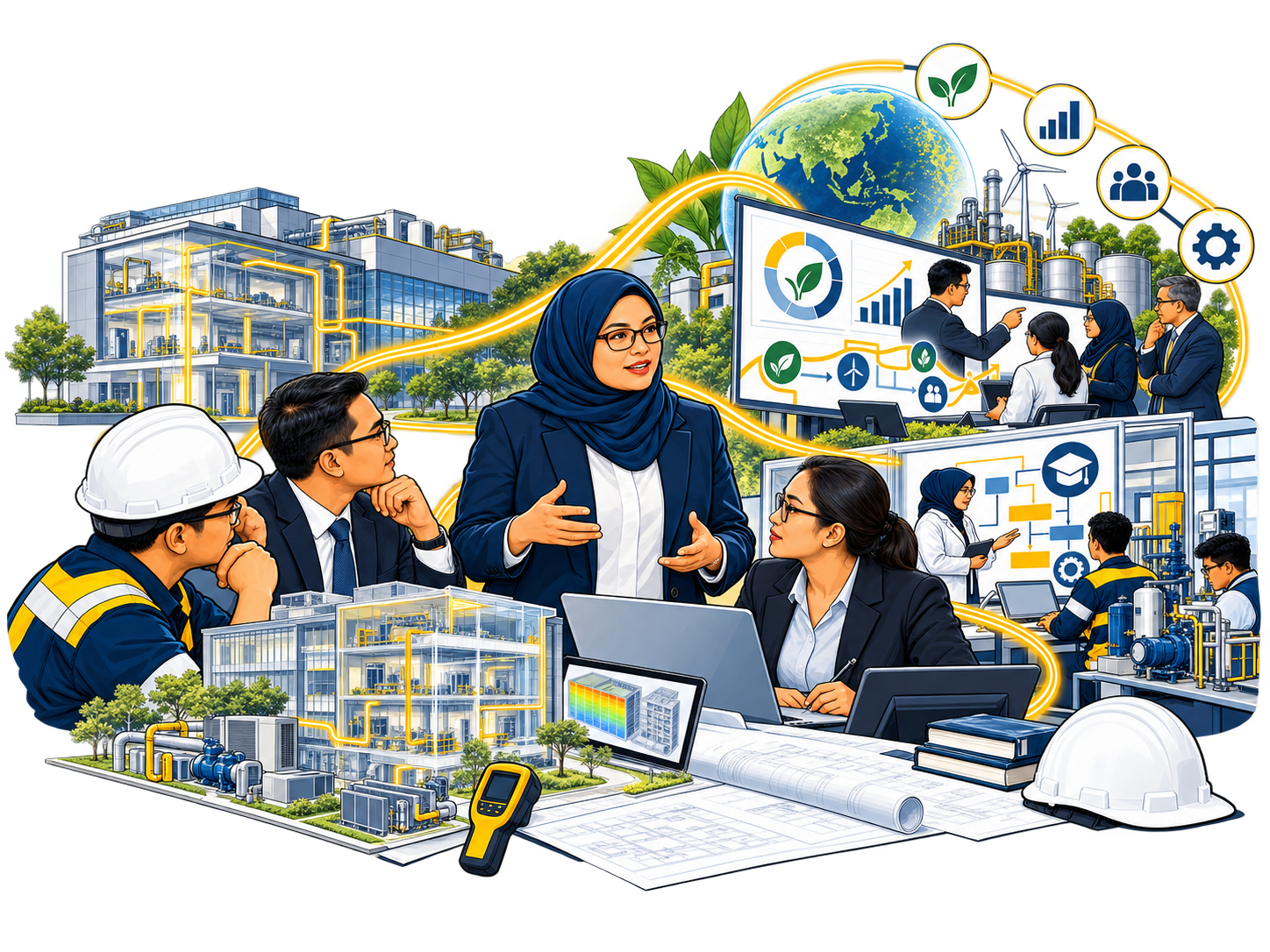 Illustration connecting energy and building analysis, ESG strategy and curriculum development