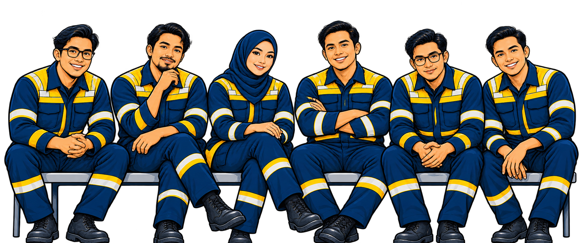 Cartoon illustration of six fictional multidisciplinary team members seated in blue and yellow coveralls